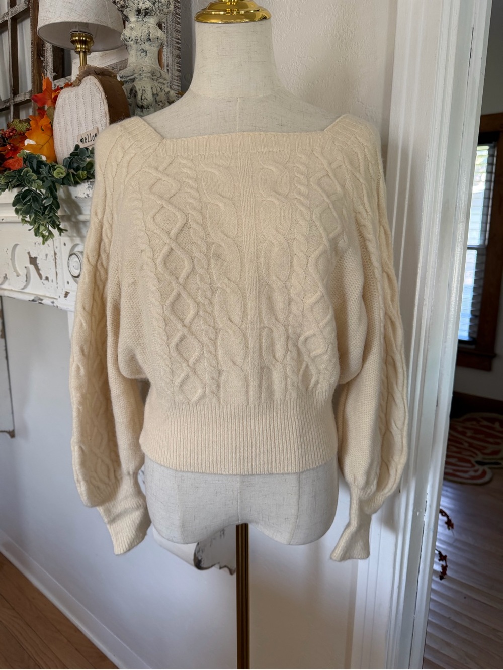 Cream Off-the-Shoulder Cable Knit Sweater